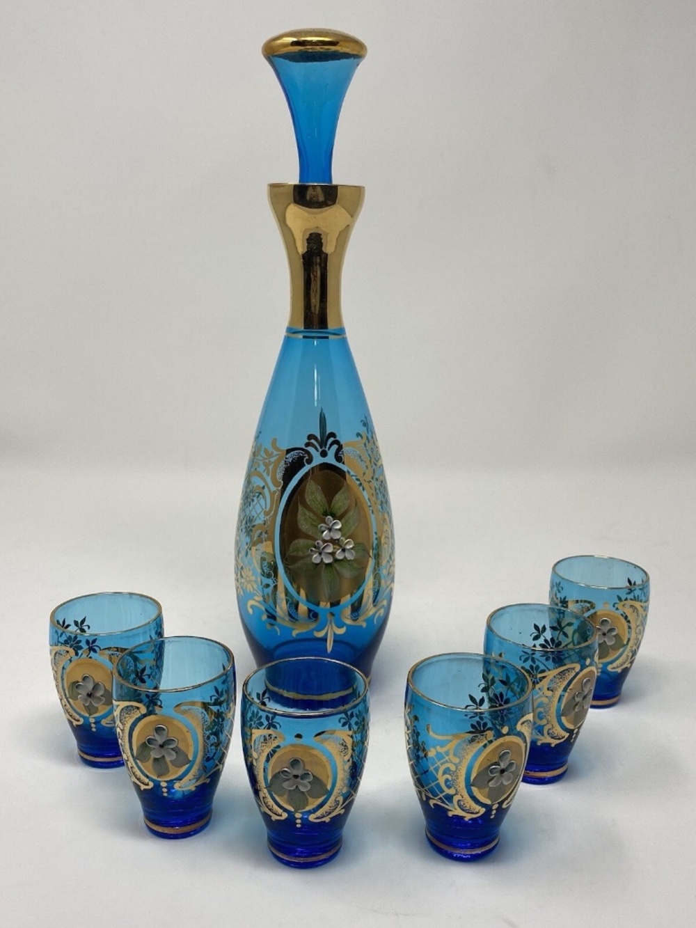 Murano Glass Bohemian Glass Decanter Set Blue Gold Vintage 7 Pc